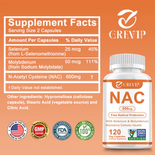Grevip NAC, ผลิตภัณฑ์เสริมอาหารแคปซูลมังสวิรัติ 600 มก. พร้อมซีลีเนียมเสริมและโมลิบดีนัม - 30/60/120 แคปซูลผลิตในสหรัฐอเมริกา