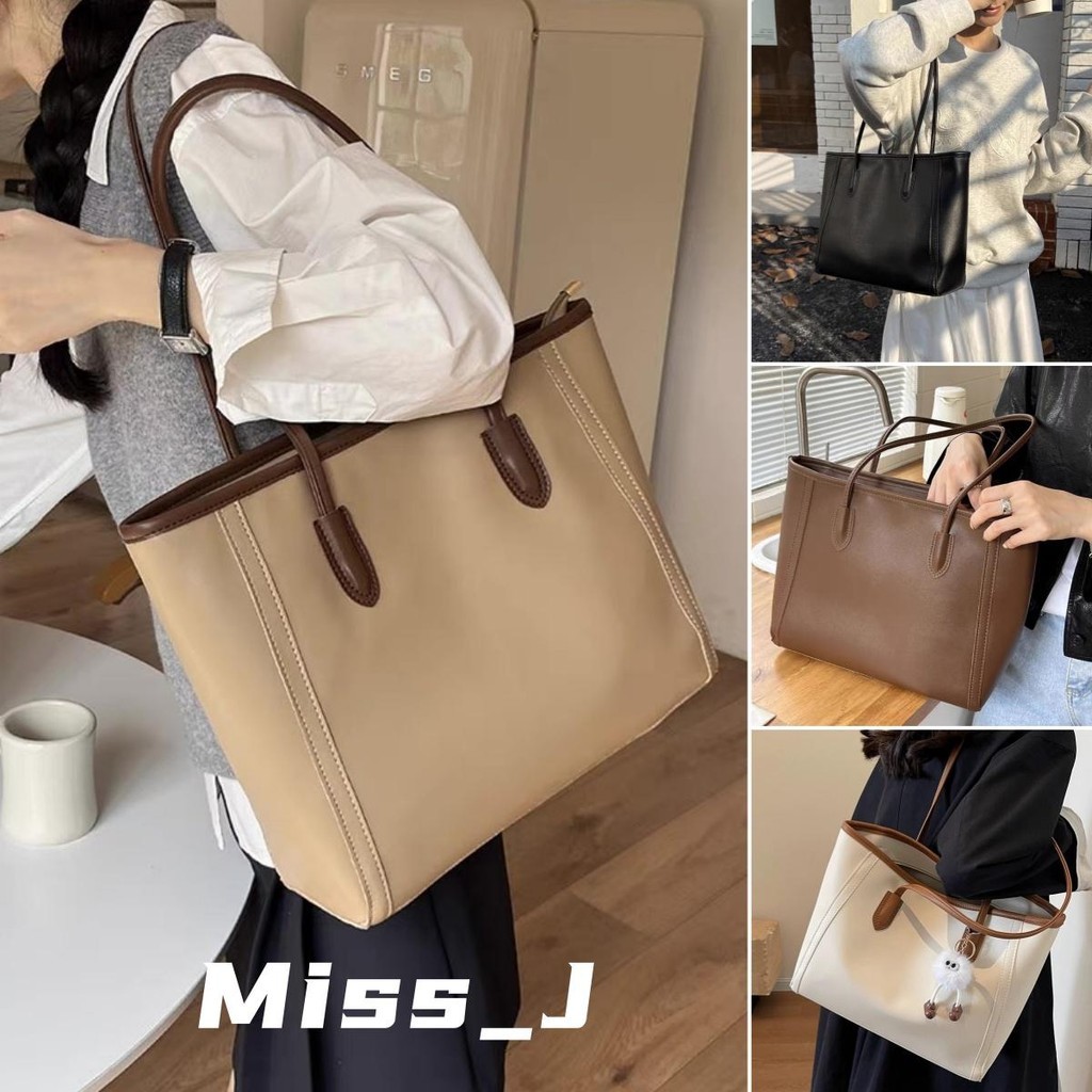 Miss_J พร้อมส่งจากกทม🎀 กระเป๋าแฟชั่นสตรีสีดำ การออกแบบความจุขนาดใหญ่ ระเป๋าสะพายไหล่สไตล์เกาหลีย้อนยุค