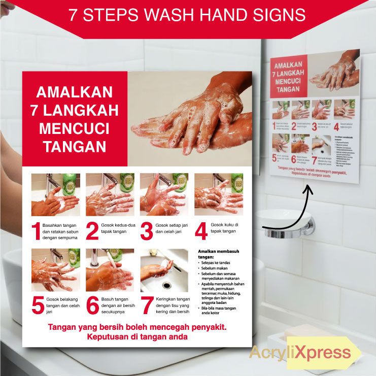 7 Steps Wash Hand Sign, Signange Cuci Tangan, Signage Cuti Tangan