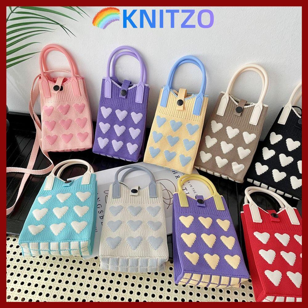 KNITZO กระเป๋าข้อมือและถือถักแฮนด์เมด ความจุสูง มินิสำหรับโทรศัพท์