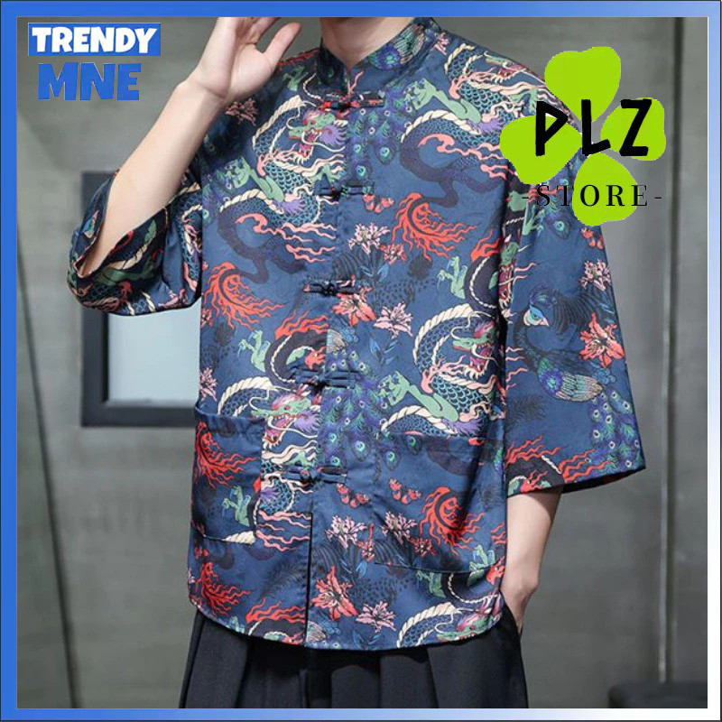 T Tang ชุดฤดูใบไม้ผลิผู้ชาย Tang ชุดแขนสั้นเสื้อยืด High-End สไตล์พิมพ์ปุ่ม Beach Three-Quarter เสื้