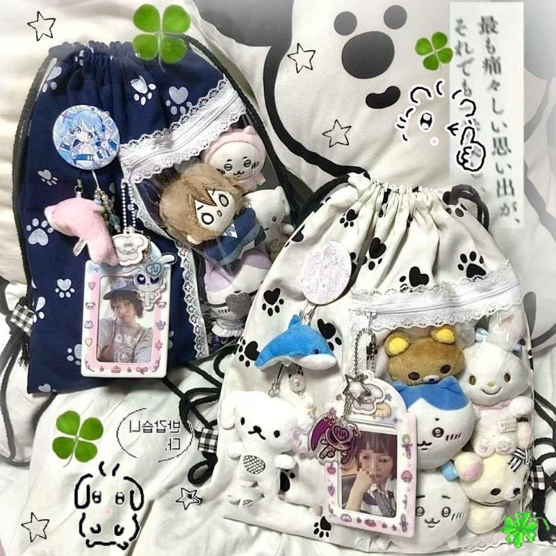 NEW กระเป๋าสะพายคู่ Drawstring (ไม่รวมตุ๊กตา) พิมพ์กรงเล็บแมว ความจุสูง กระเป๋าผ้าใบ Drawstring
