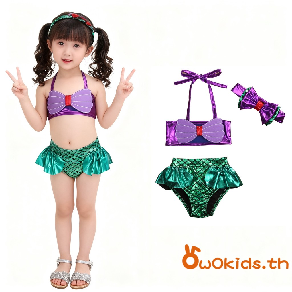 【ส่งจากไทย】​ชุดว่ายน้ำเจ้าหญิงและเงือก แบบบิกินี่โบว์ สำหรับทารก ขนาด 3 ชิ้น