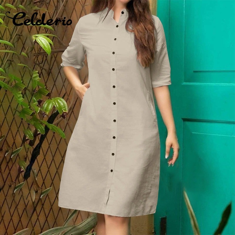 Celderio Women Street Fashion Half Sleeve Midi Shirt Dresses Solid Color Single-Breasted Design