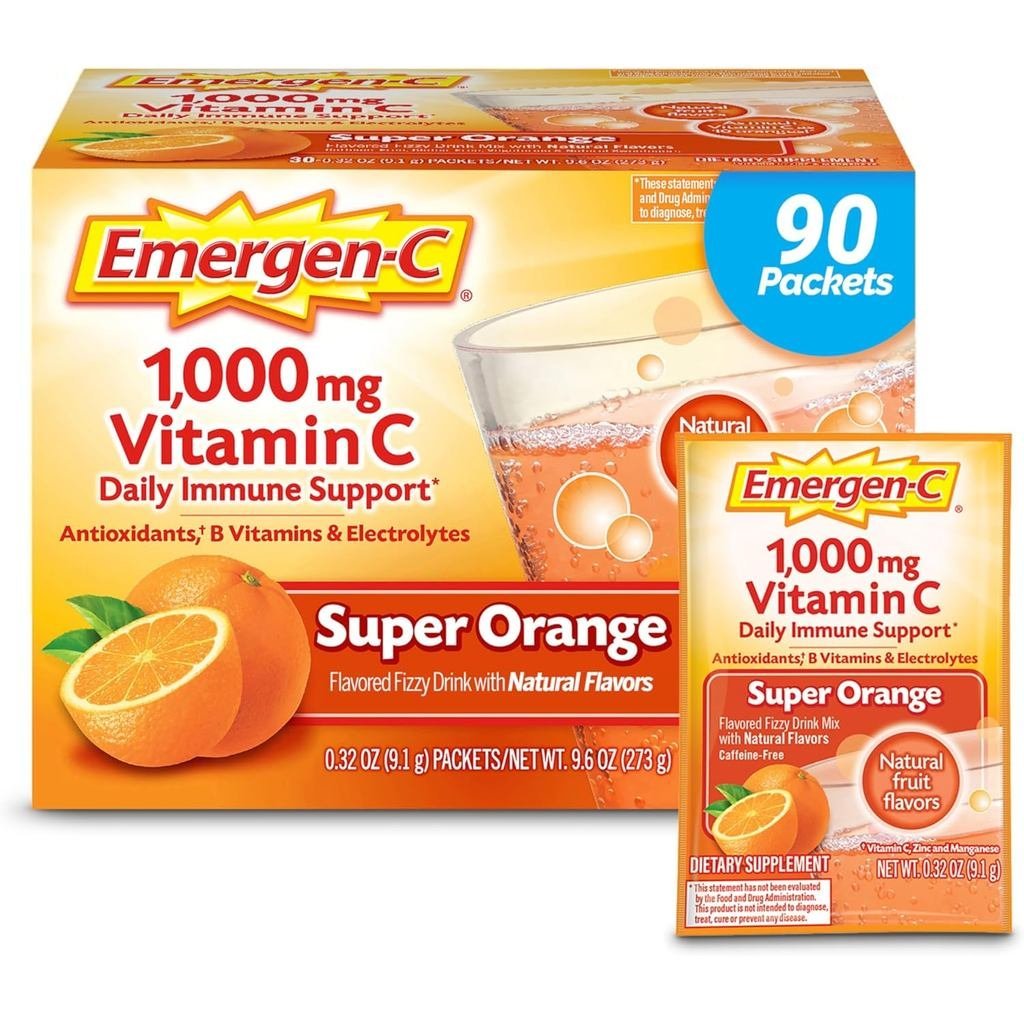 Emergen-C 1000mg Vitamin C Immune Support Powder Super Orange 90CT ประกอบด้วย Zinc,แมงกานีส, 7 B วิต