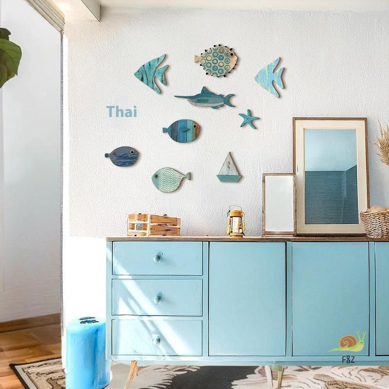 F&Z 10 ชิ้น/เซ็ต Fish Wall Decor ไม้ปลาแขวน Beach Theme ห้องน้ํา Art Nautical Coastal Ocean ตกแต่งบ้
