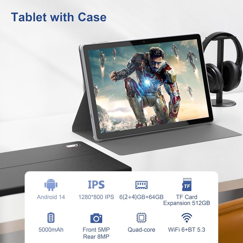 BYYBUO Android 14 Tablet,10.1 inch Tablet with Case,6GB RAM 64GB ROM Quad-Core Processor 5000mAh Bat