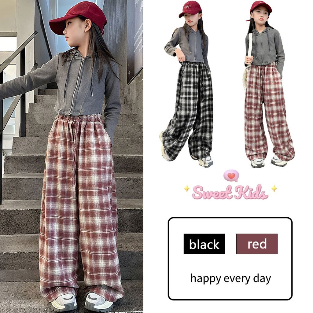 SweetKids พร้อมส่งจากกทม🌸กางเกงขายาวสำหรับสาว🍓แฟชั่นฤดูร้อน กางเกงลายสก๊อต สะดวกสบาย สไตล์ใหม่ วินเทจ เกาหลี เวอร์ชั่น