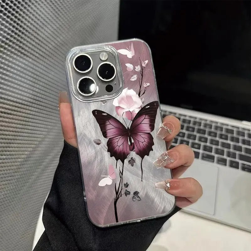 UNGU สีดําสีม่วงTPUผีเสื้อกรณีSamsung iPhone OPPO VIVO Samsung a15 a55 s24 s25 ultra a02 a03 a04 a05