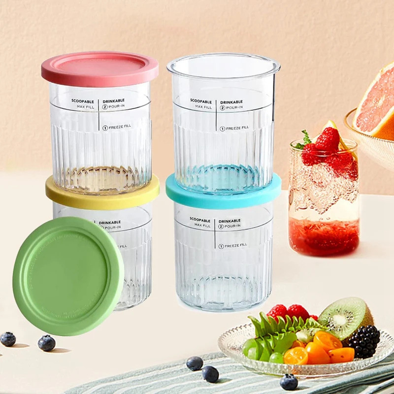 4pcs ไอศกรีม Pints และฝาปิดไอศกรีม Pint Storage สําหรับ Ninja Creami Nc500 Nc501 ไอศกรีมภาชนะเก็บอาห