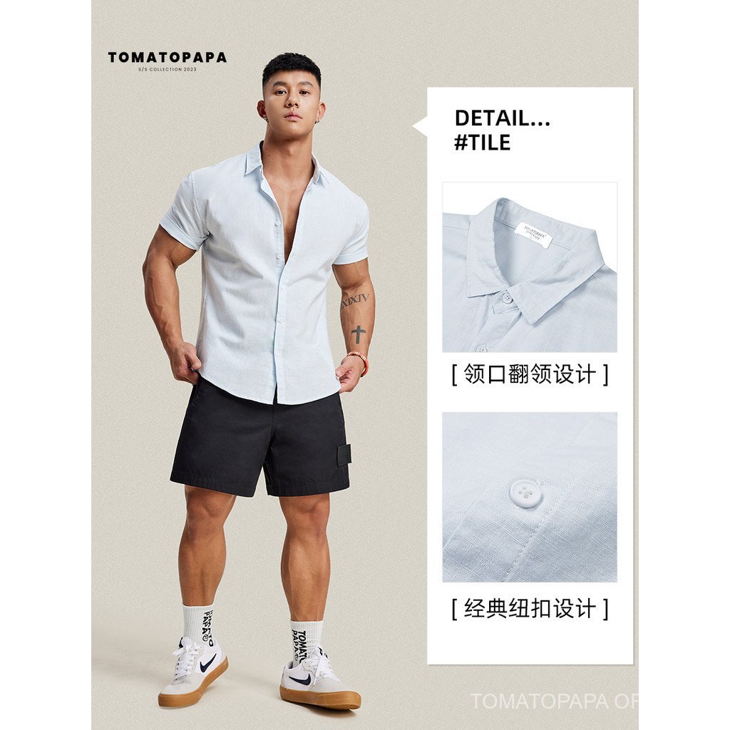 TOMATOPAPA เสื้อเชิ้ตผู้ชายแขนสั้น สไตล์شباب เหมาะสำหรับฤดูใบไม้ผลิและฤดูร้อน แบบ-basic กับรายละเอียด lapel cardigan - รูปที่ 6