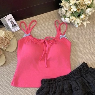 #479 เสื้อกล้ามสายคู่ ฟองน้ำในตัวสีพื้น โบว์น่ารัก ผูกโบว์ด้านหน้า ลุดเกาหลี สดใส สาววัยใส สุดฮิตราคาถูก