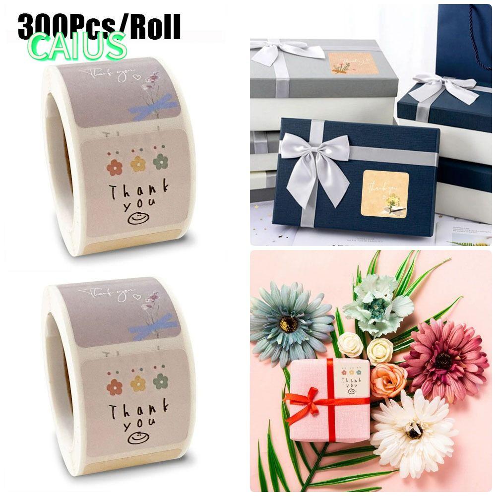 คาอุส‌ 300 ชิ้น/ม้วนเบเกอรี่ซองป้าย,ดอกไม้การ์ตูนขอบคุณสติกเกอร์,ทนทานน่ารักซีลสติกเกอร์ของขวัญตกแต่ง