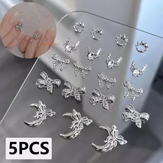 [risingmeup] 5 ชิ้นเล็บ Charms Bow Knot โลหะ 3D ตกแต่งเล็บ Silvery อุปกรณ์เสริมโลหะผสม Rhinestone เครื่องประดับเล็บ Salon ใหม่
