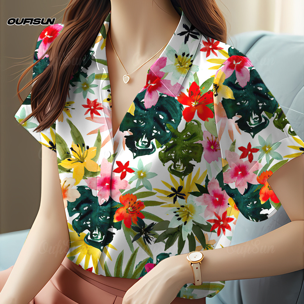 เสื้อลายดอกไม้ผ้าชีฟองสำหรับผู้หญิง ขนาดบวก สไตล์ฮาวาย ใส่สบาย