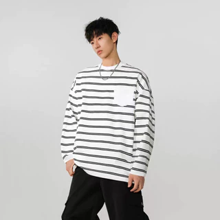 Chaistyle เสื้อแขนยาวลายทาง วินเทจ ชุดคู่รัก แนวสตรีท พิมพ์ลาย สันทนาการ