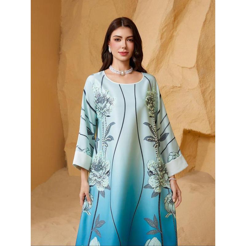 จ9997 สุภาพสตรีข้ามพรมแดนดอกไม้พิมพ์เลื่อมตกแต่งอาระเบีย