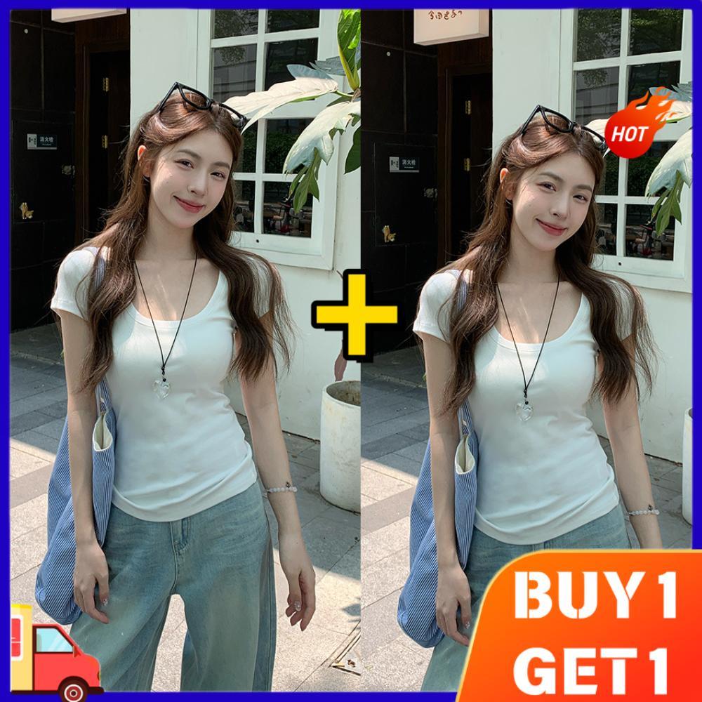 โปรโมชั่นประจำสัปดาห์นี้คือ ซื้อ 1 แถม 1 ไหล่ขวาขนาดใหญ่U-คอSlimคอต่ำเสื้อยืดแขนสั้นสีขาวสำหรับผู้หญิงฤดูร้อน 2025