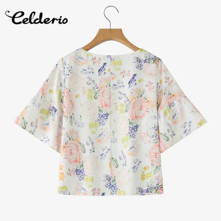 Celderio แฟชั่นผู้หญิง เสื้อลูกเรือครึ่งแขน พิมพ์ลายดอกไม้และระบาย สไตล์หรูหรา