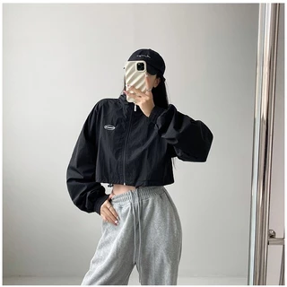 Bella shop แจ็คเก็ตวินเทจบางเบา เสื้อคลุมสั้นผู้หญิง แขนยาว ซิปรูดเป็นคอสูงได้ ดีไซน์ลายปัก