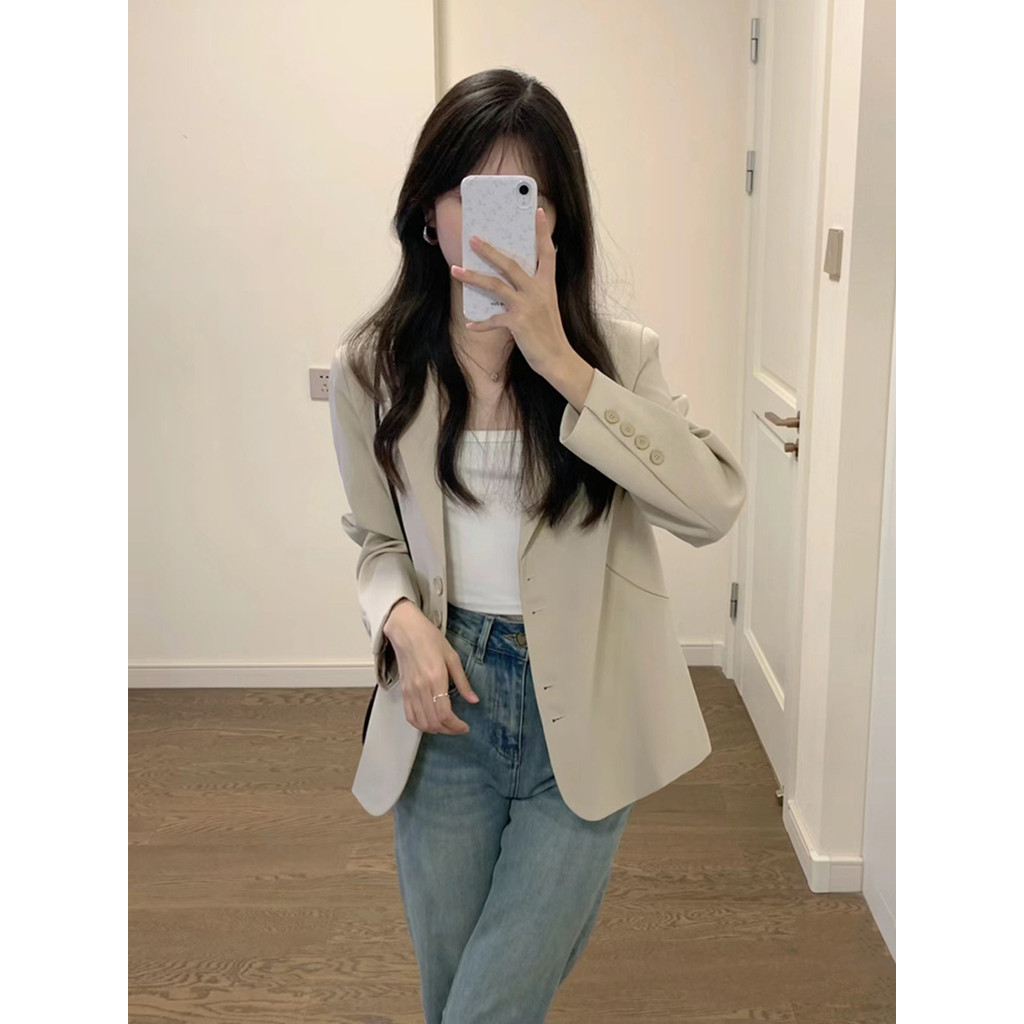 blazer blazer ผู้หญิง เสื้อสูทลำลองผู้หญิง.Light Khaki สไตล์ใหม่สำหรับฤดูใบไม้ผลิและใบไม้ร่วง ขนาดเล