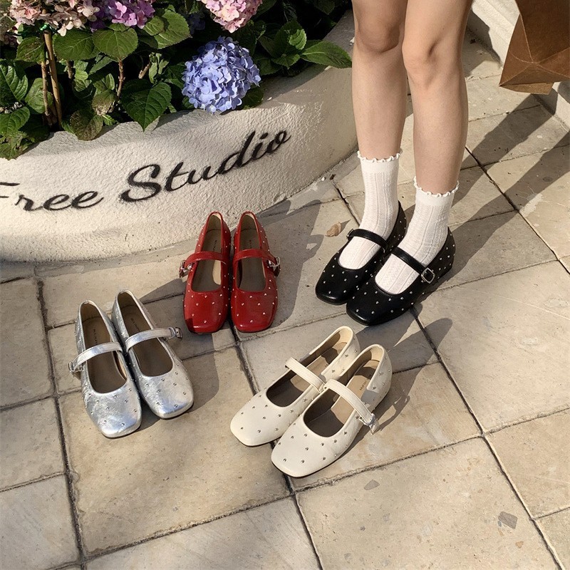 ผู้หญิงรองเท้าแบนสีทึบลายจุดนุ่มเรียบง่ายอเนกประสงค์รอบนิ้วเท้าแมรี่เจน