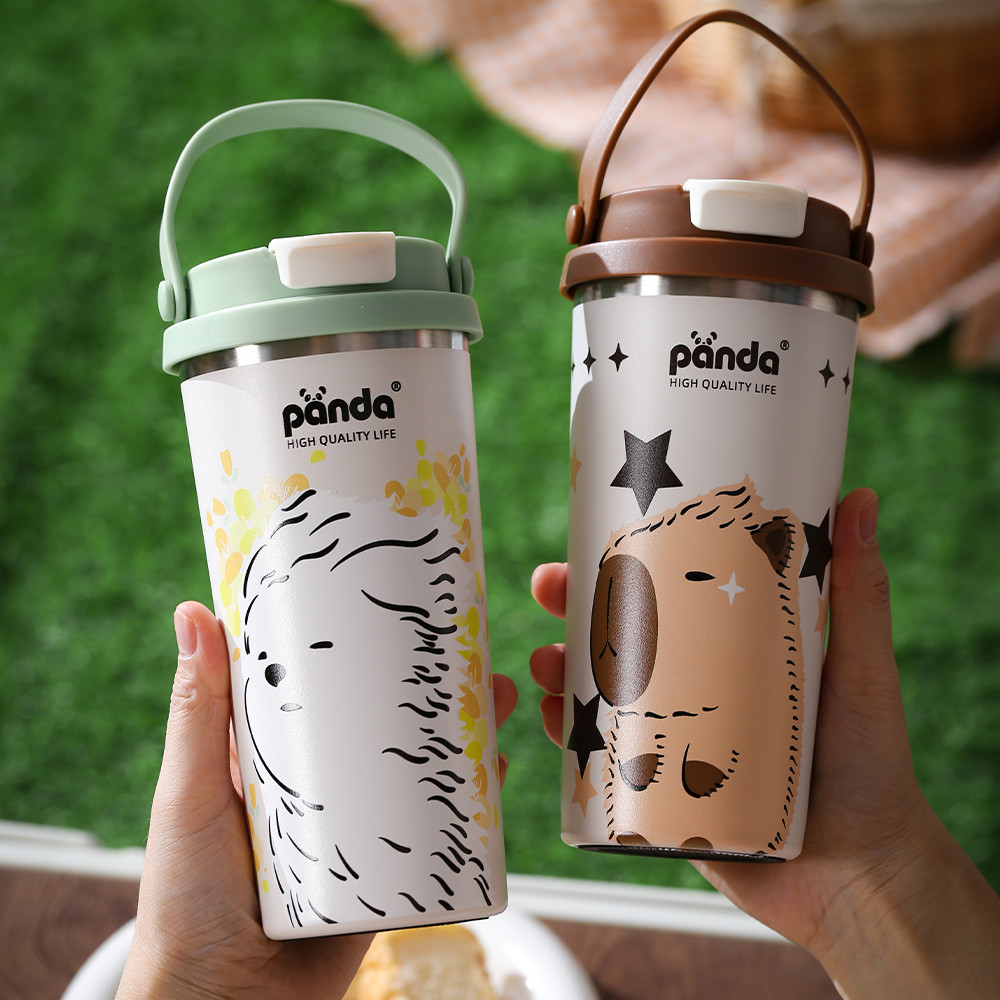 PANDA แก้วเก็บความร้อน 600ml แบบพกพา เก็บความเย็น 1 ฝา 2 หัวดื่ม ดูด/ดื่ม 4สี ในชีวิตประจำวันและในการเดินทางไปทำงาน