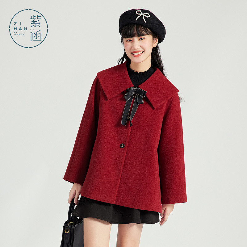 Zihan เสื้อขนสัตว์สั้นหวาน พร้อมลายโบว์ Lapel A สำหรับฤดูหนาว 2022