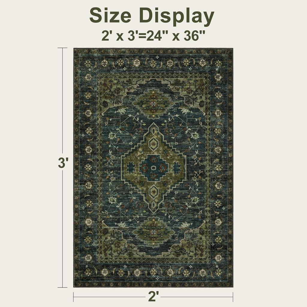 Tangsoo Washable Entryway Rugs Vintage Olive Green Rug 2x3 Non Slip Small Area Rug, Front Door Boho 