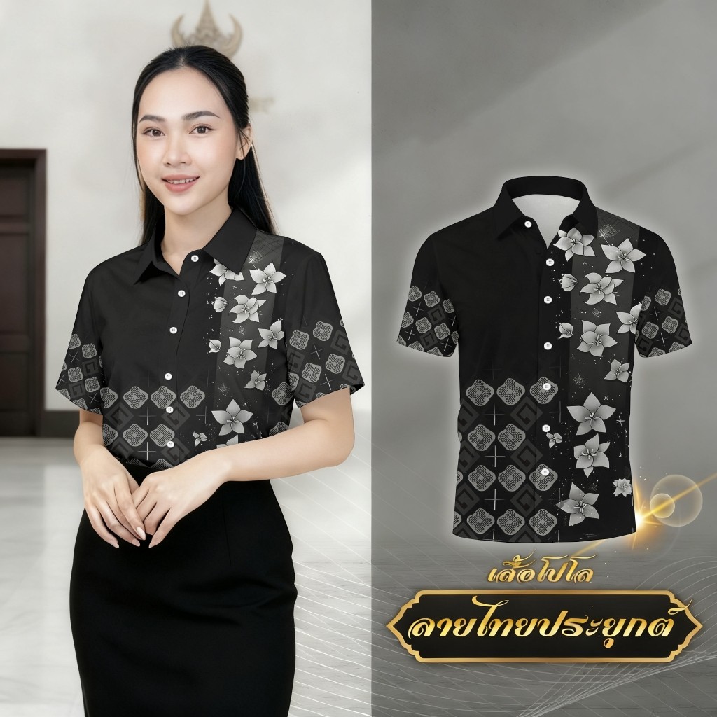 เสื้อเชิ้ตสีดำสำหรับผู้หญิงและผู้ชาย แขนสั้น กระดุมหน้า พกพาได้ทุกโอกาส