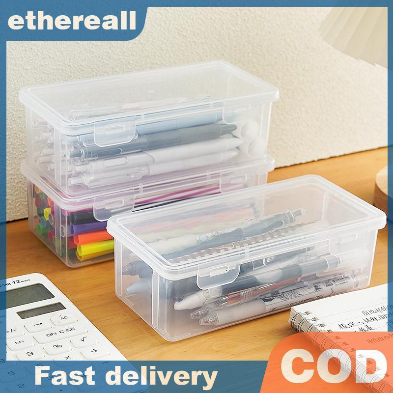 ETH 1PC กล่องดินสอพลาสติกความจุขนาดใหญ่ Stackable โปร่งใสโปร่งใสกล่องดินสออุปกรณ์สํานักงานกล่องเก็บ TH