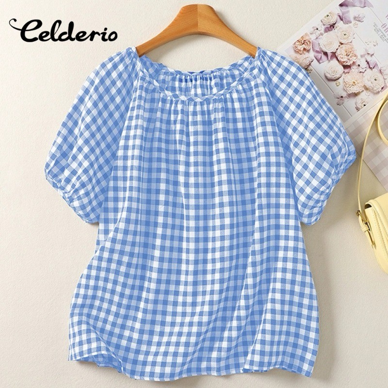 Celderio ลายสก๊อต เสื้อยืดแขนพัฟสำหรับผู้หญิง สไตล์โบฮีเมียน