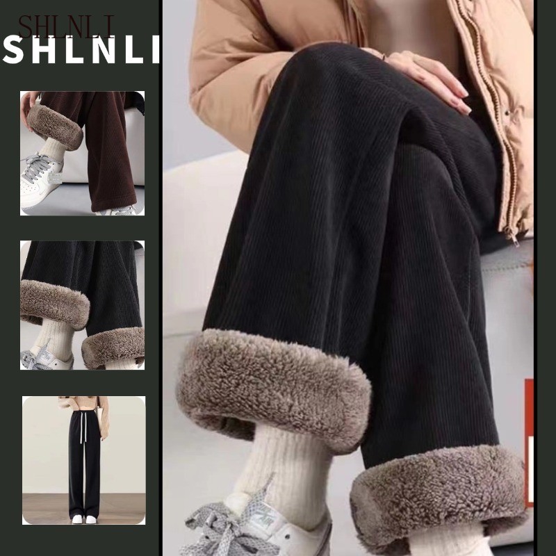 กางเกงเอวสูงขากว้างสำหรับฤดูใบไม้ร่วงและฤดูหนาว สวมใส่สบาย อุ่นและดูลดน้ำหนัก