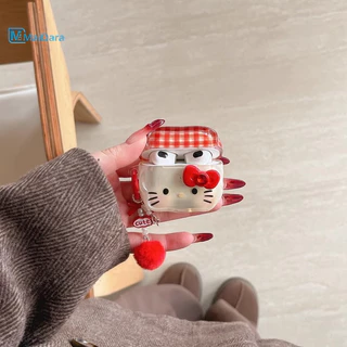 กระเป๋าหูฟัง Hello Kitty AirPods4/3/2/1 ลายตารางสีแดง โบว์AirPodsPro2 ซิลิโคนป้องกันการตกหล่น เคสหูฟังบลูทูธ เหมาะสำหรับ