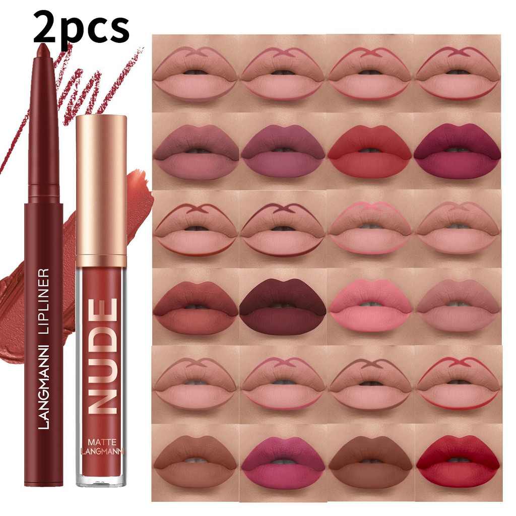 Langmani Lip Gloss and Lip Liner Set 2 ชิ้น Non-Stick Cup Matte Lip Gloss Set LANGMANNI ลิปสติกและ M