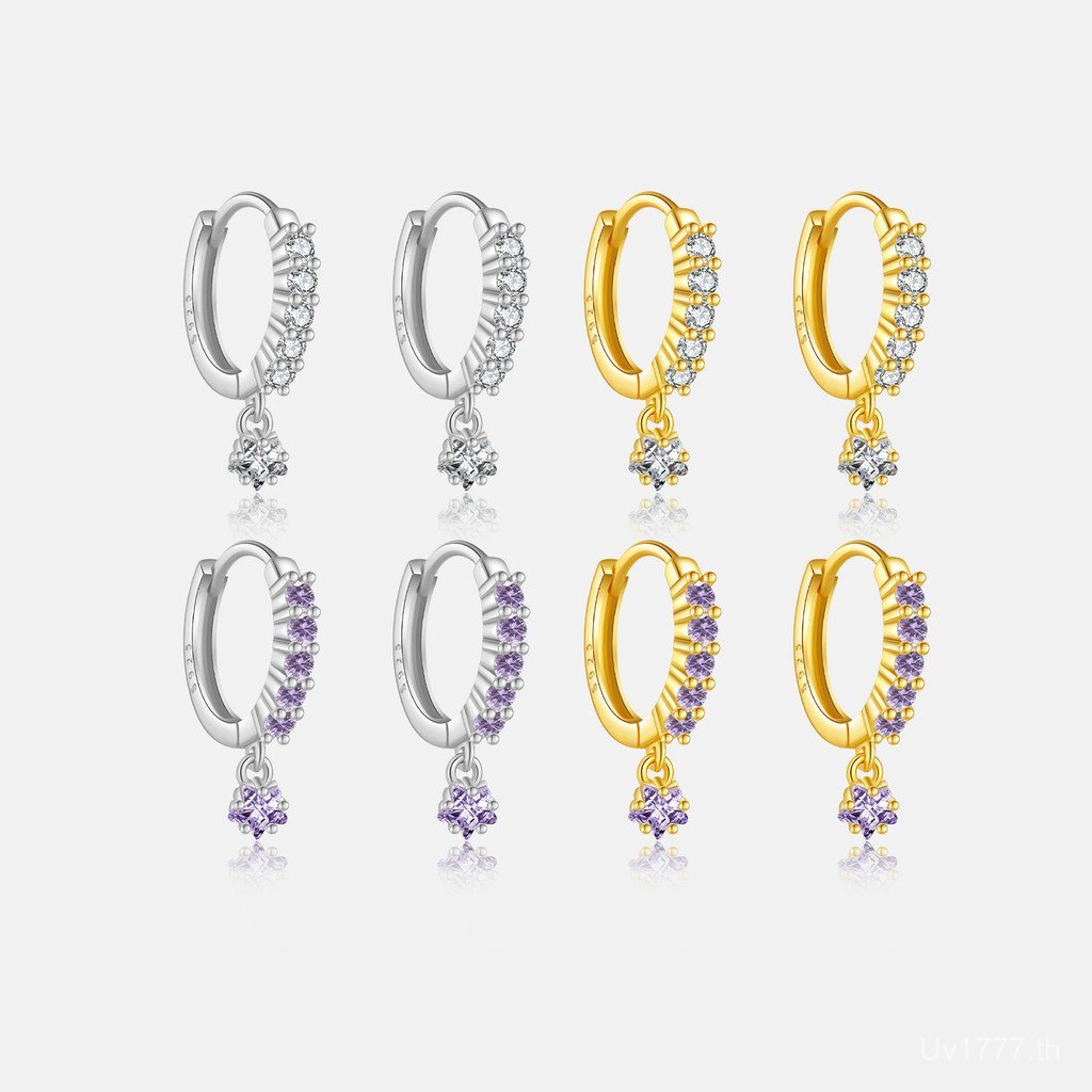 ต่างหูแฟชั่นสแตนเลสพร้อมหินสีม่วงและขาว สไตล์ไฮเอนด์ S925 UXG3