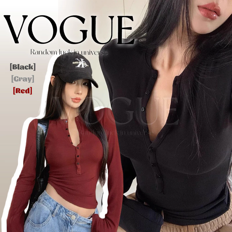 Vogue🌟พร้อมส่ง🌟 เสื้อคอวีแขนยาว กระดุมด้านหน้า ผ้านุ่มยืดพอดีตัว (FY651)