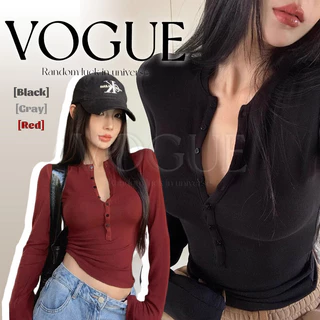Vogue🌟พร้อมส่ง🌟 เสื้อคอวีแขนยาว กระดุมด้านหน้า ผ้านุ่มยืดพอดีตัว (FY651)