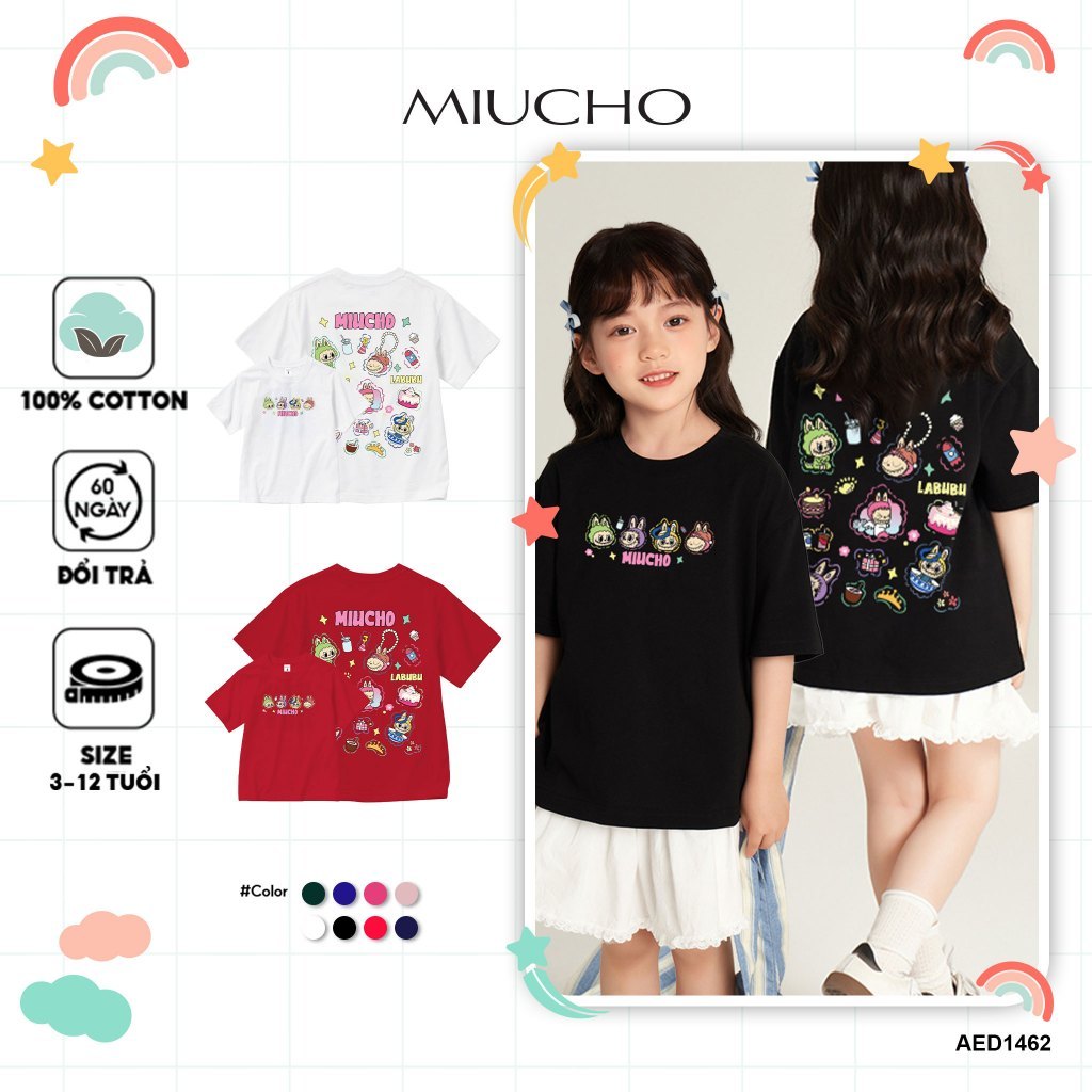 เสื้อยืดเด็กผู้หญิง labubu น่ารักหลายสี AED1462 Miucho Kid ผ้าคอตตอนเท่ๆ คอกลม พิมพ์ลายผสม