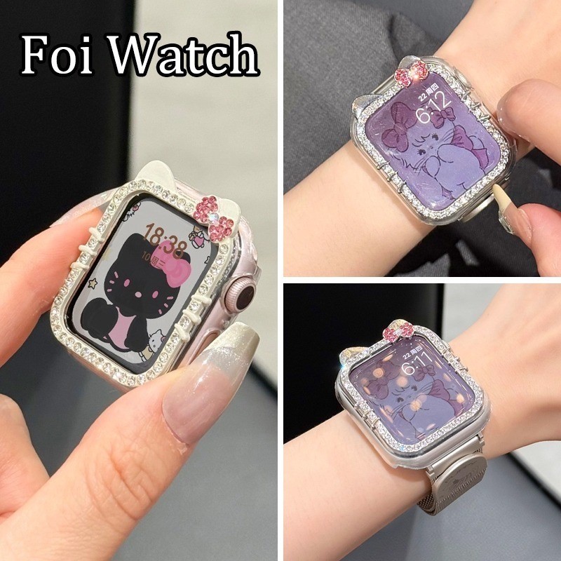 KT cat เพชรเกราะป้องกันสําหรับ Apple Watch Ultra 2 S11 10 9 8 7 6 SE 5 4 3 2 1,แฟชั่นน่ารัก PC hollo
