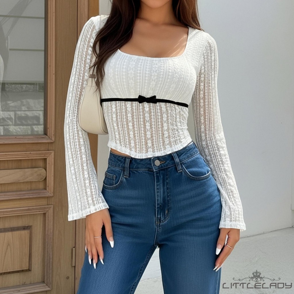 LTL-เสื้อยืดคอเหลี่ยมแขนยาว สำหรับผู้หญิง ลายลูกไม้