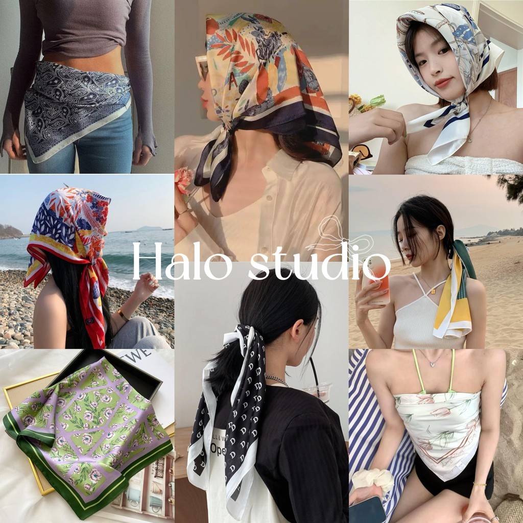 Halo studio พร้อมส่ง🔥 ผ้าพันคอไหม ชีฟอง ผ้าพันคอไหมเกาหลีสไตล์เรโทร 70×70cm