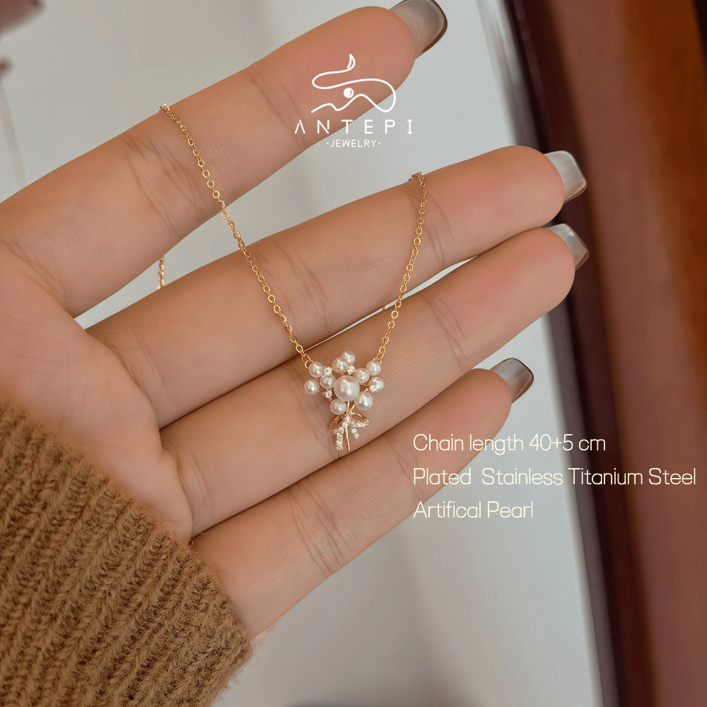 สร้อยคอมุกดอกไม้แบบบัควีต ATP Blessing และสร้อยคอสแตนเลสกันน้ำ สไตล์เหมาะสำหรับเป็นของขวัญในเทศกาลคร