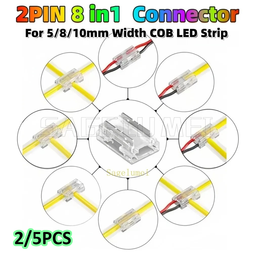 8-in-1 2pin COB LED Strip Connector L/T/X รูปร่างบอร์ดลวด/ลวดสําหรับ 5/8/10 มม.ความกว้าง PCB LED Light Strip 2/5 ชิ้น
