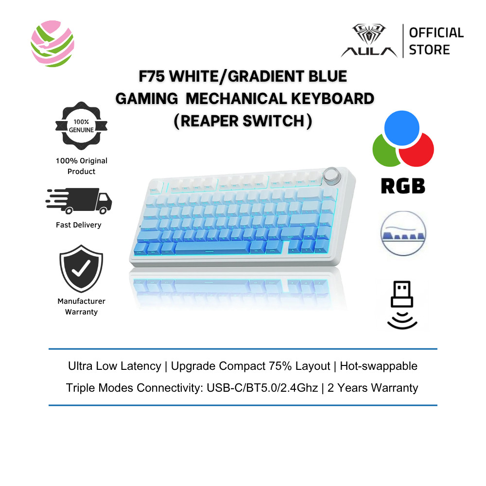 Aula F75 White/ Gradient Blue Side Engrave Tri-Mode Mechanical Keyboard (Raper Switch)