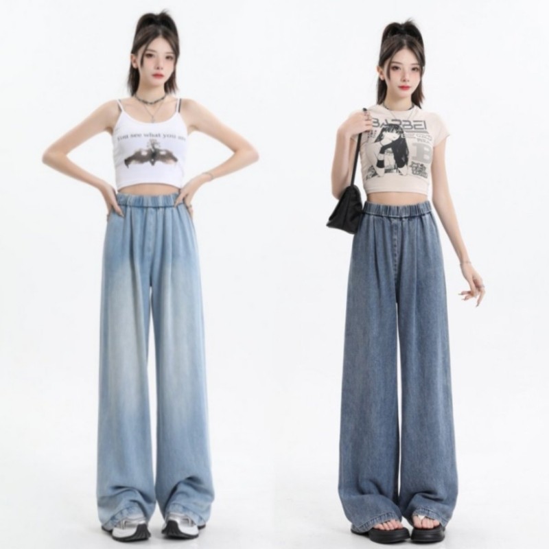 Bived S-6XL กางเกงยีนส์ผู้หญิง เดนิม กางเกงขายาว ทรงหลวม เอวสูง ทรงตรง เอวยางยืด