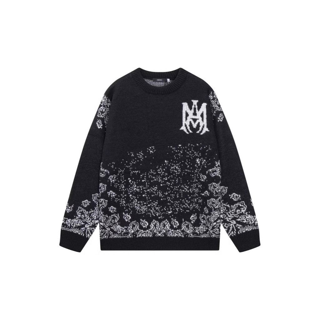 AMIRI Street Wear ฤดูใบไม้ร่วงฤดูหนาวปัก Jacquard Seahorse ผมรอบคอผู้ชายผู้หญิงสไตล์เดียวกันเสื้อกัน