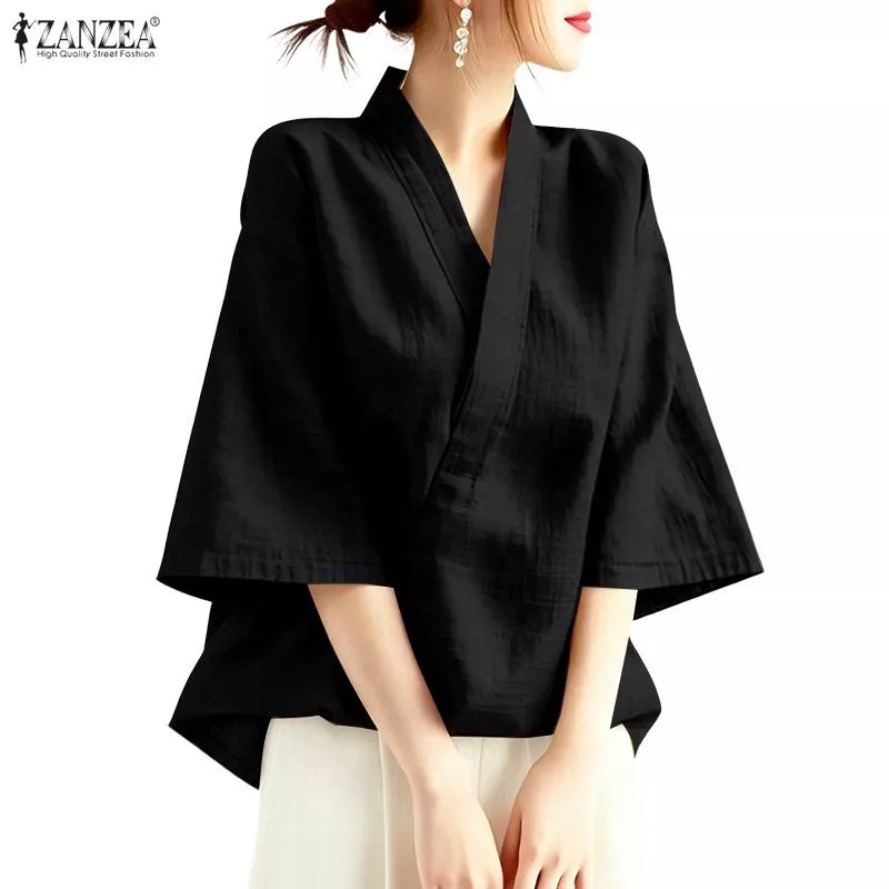 ZANZEA ซานเซีย ผู้หญิงแฟชั่นเกาหลีครอสโอเวอร์คอวีสามไตรมาสแขนเสื้อกิโมโนจีนสมัยใหม่