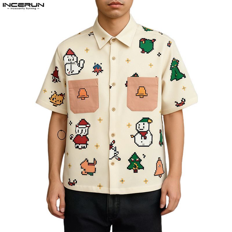 เสื้อพิมพ์กราฟิกการ์ตูนแขนสั้น สไตล์ลำลองสำหรับผู้ชาย