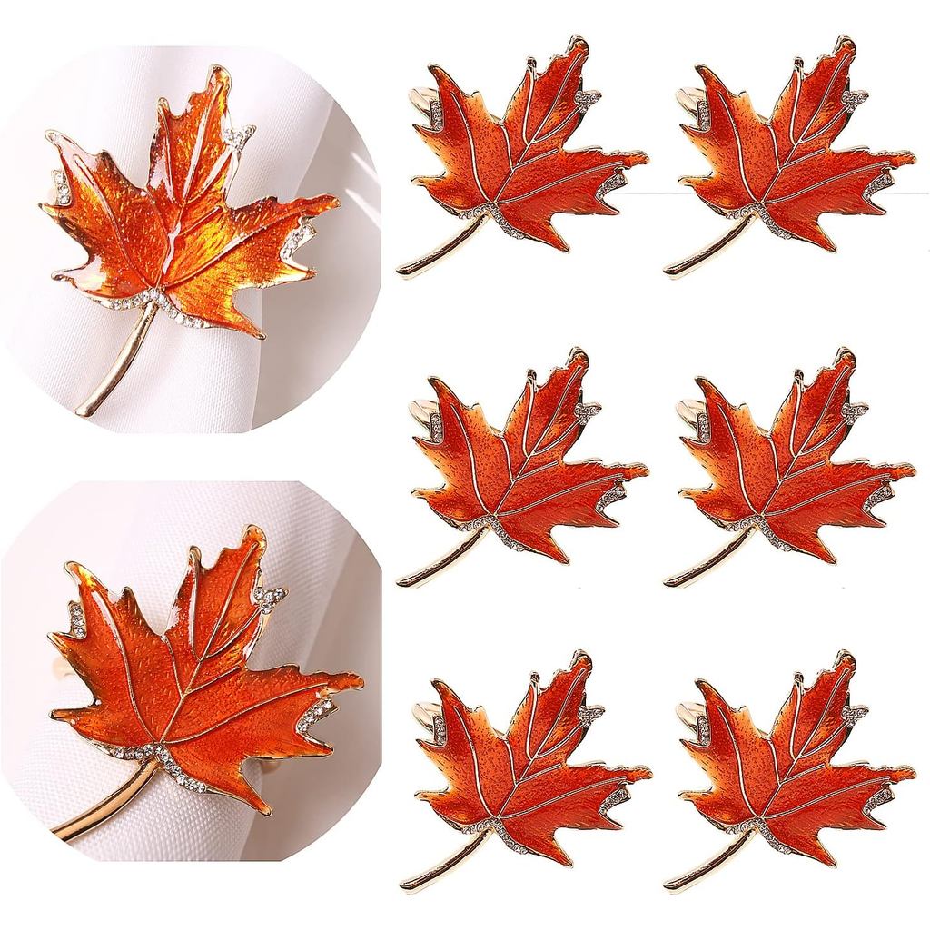 XIYAO ฤดูใบไม้ร่วงใบแหวนผ้าเช็ดปากชุด 6 โลหะใบเมเปิ้ลผ้าเช็ดปากแหวนผู้ถือ, 6 ชิ้นวันขอบคุณพระเจ้าตาร